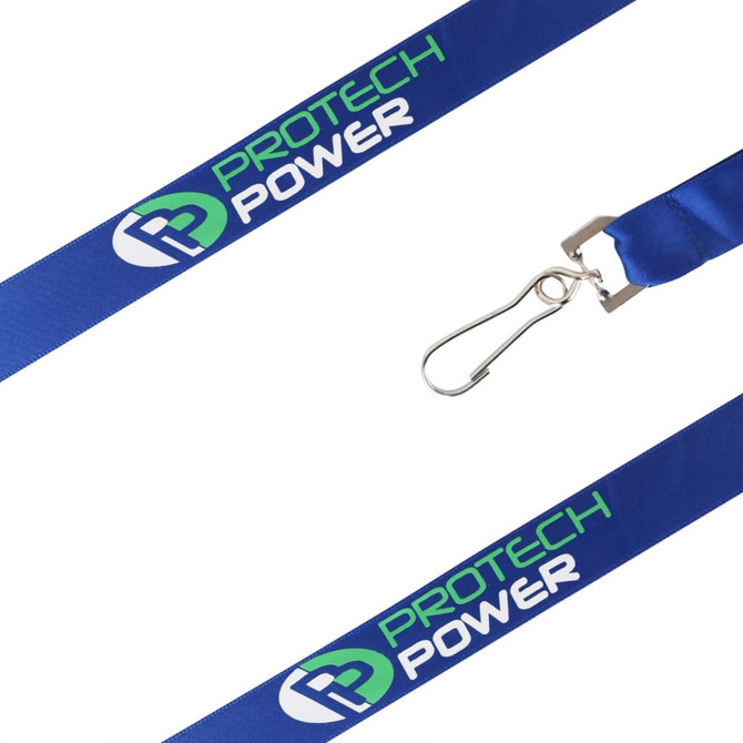 A blue satin lanyard featuring a logo and a metal clip for attachment.