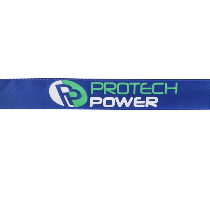 A satin lanyard in blue with a logo featuring green and white text.