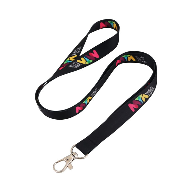 A black sublimation lanyard featuring vibrant multicoloured designs and a metal clip at one end.