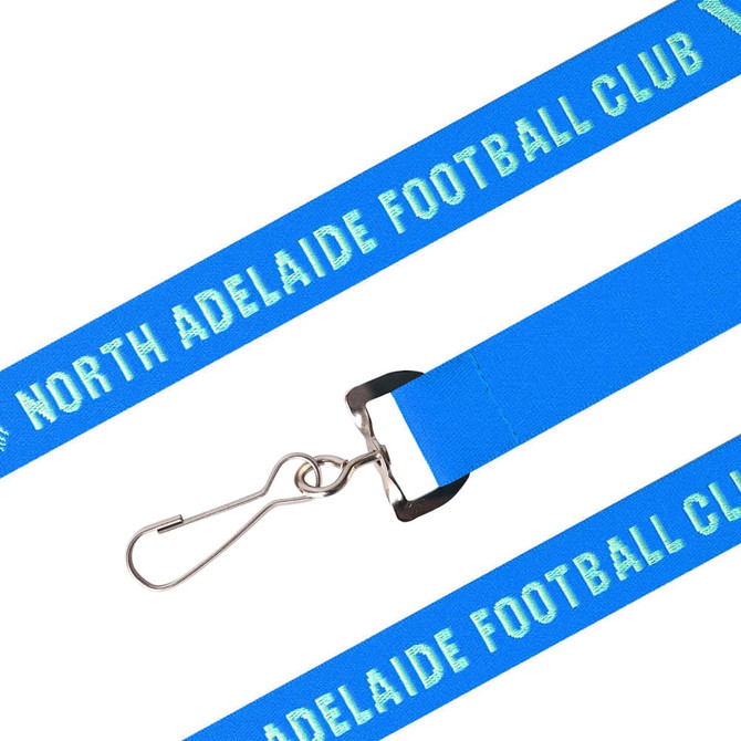 A blue woven lanyard featuring a hook for attachment and a logo.