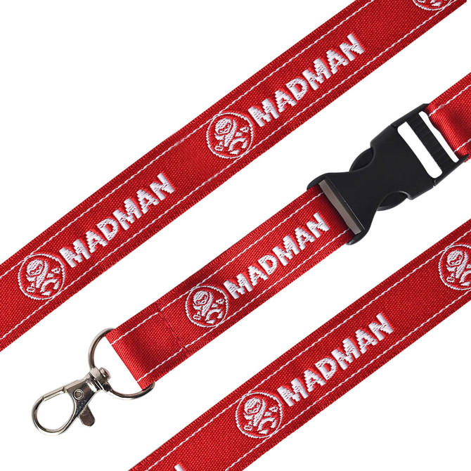A red woven lanyard with a clip and a black plastic buckle, featuring a logo.