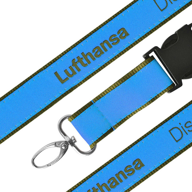 A detailed woven lanyard in bright blue with a black clasp and metal clip, featuring a logo.
