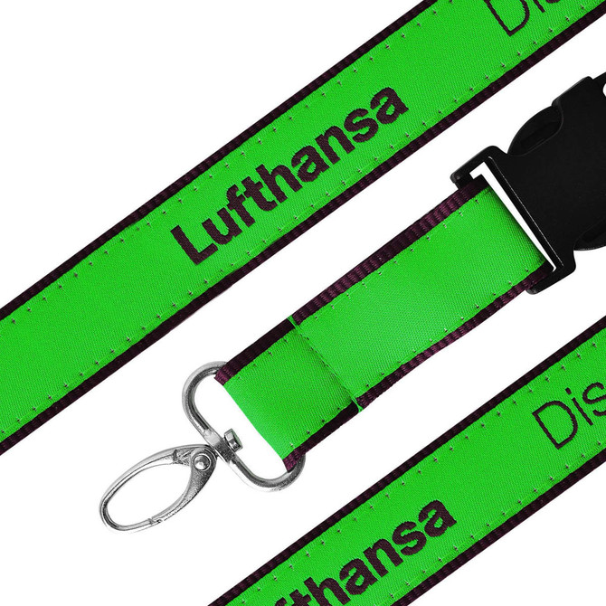 A bright green woven lanyard with a clip and a branding logo.