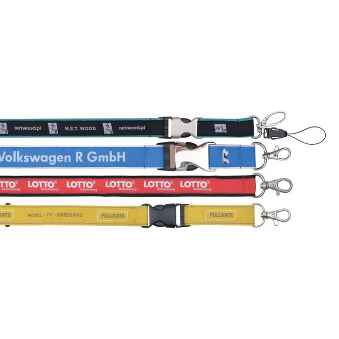 A set of four detailed woven lanyards in blue, red, yellow, and black, each with a clip and branding.