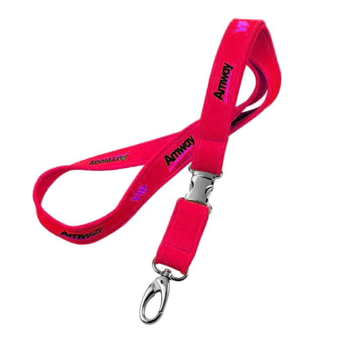 A red neoprene lanyard with a clasp and a logo, featuring a soft, padded design.