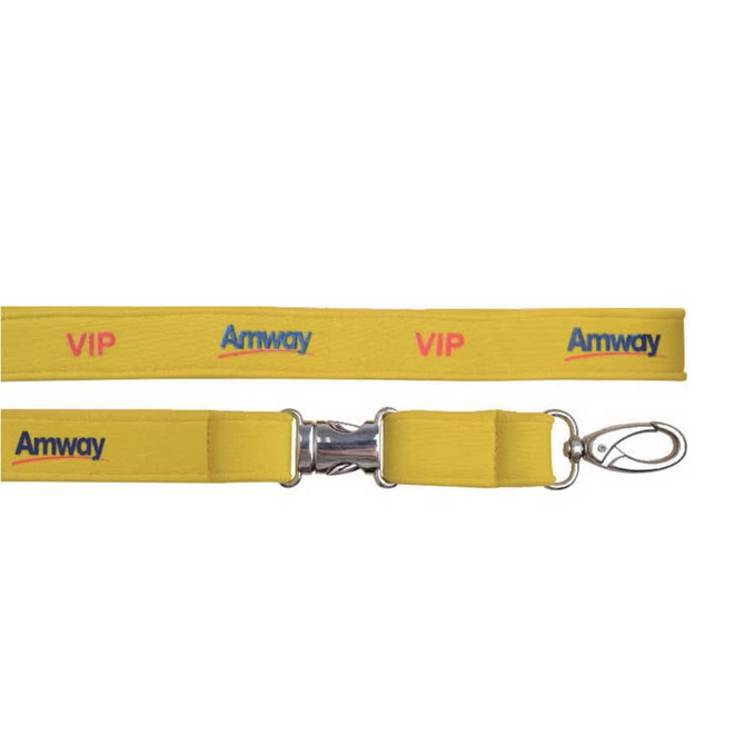 A yellow neoprene lanyard with a metal clip, featuring a logo and the word "VIP."