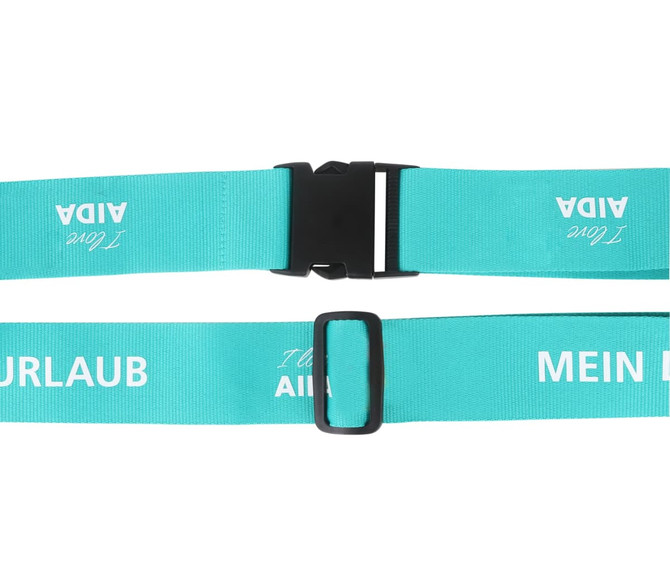 A turquoise ribbed luggage belt with black buckles and a logo on the strap.