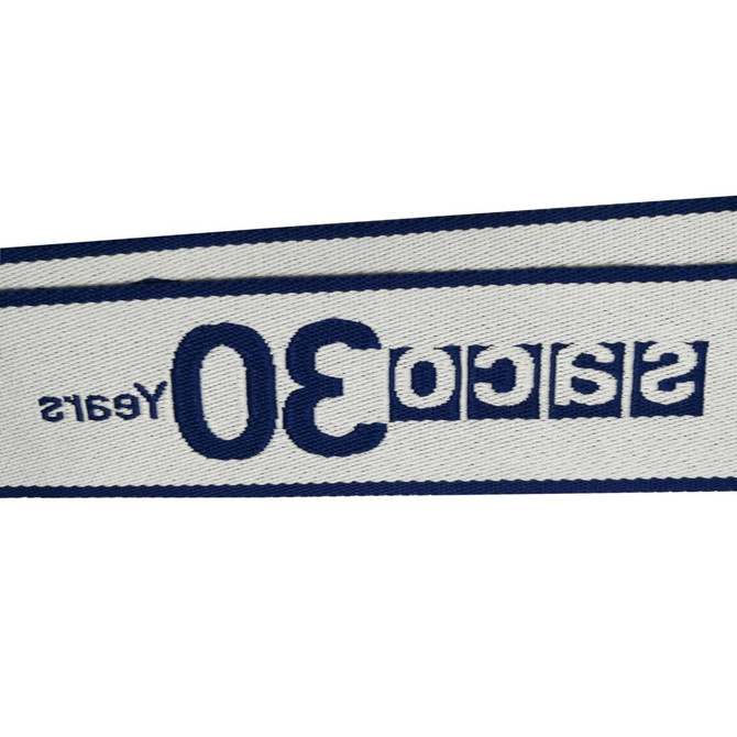 A woven luggage belt in navy blue and white with a logo and decorative text.