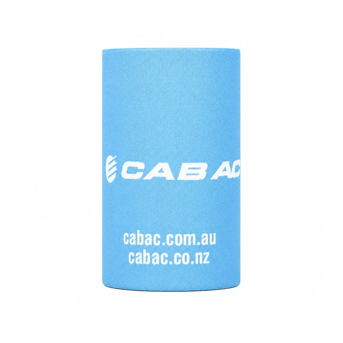 A drink bottle stubby holder in light blue with a logo. Ideal for keeping drinks insulated.