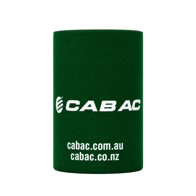 A green stubby holder with a logo and text, designed for drinkware.