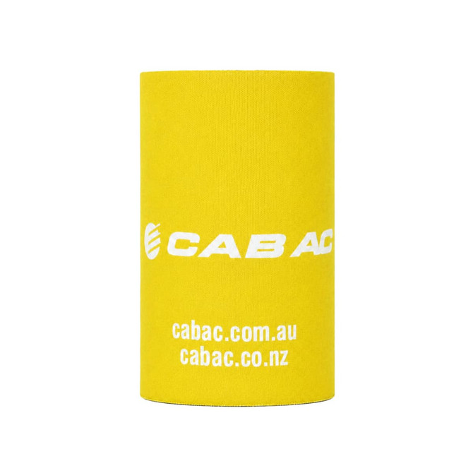 A yellow stubby holder featuring a logo, designed for keeping drinks cool.