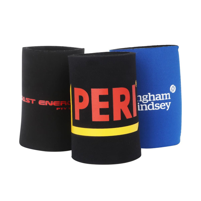 Stubby holders in black and blue, featuring branding on the front, designed to keep drinks insulated.
