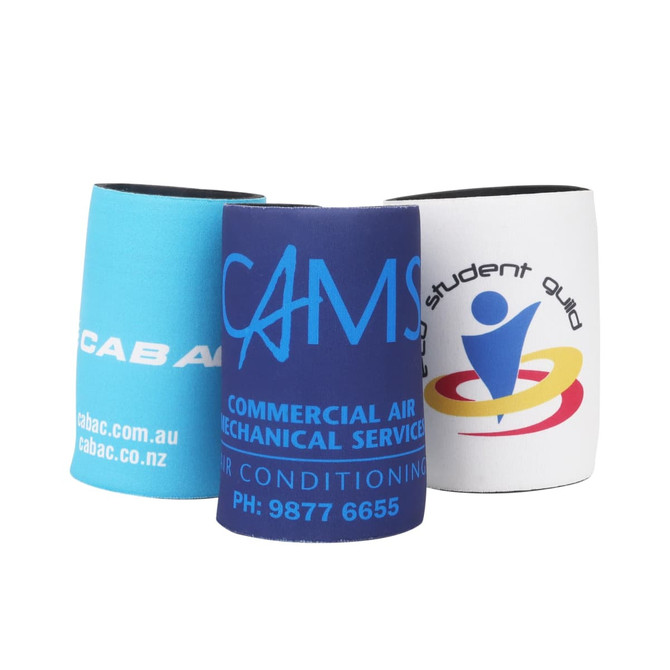 A drink bottle holder in blue and black, featuring various logos and branding on its surface.