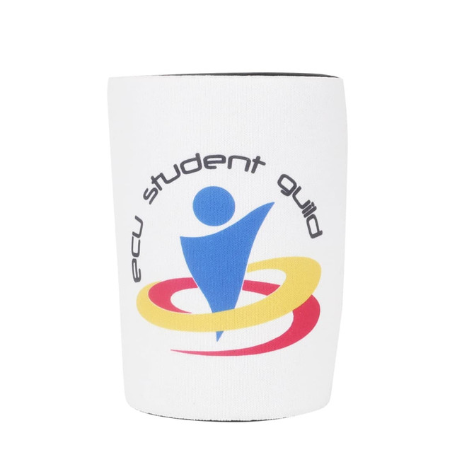 A drink bottle holder in white with a logo featuring blue and yellow elements, designed to keep beverages insulated.