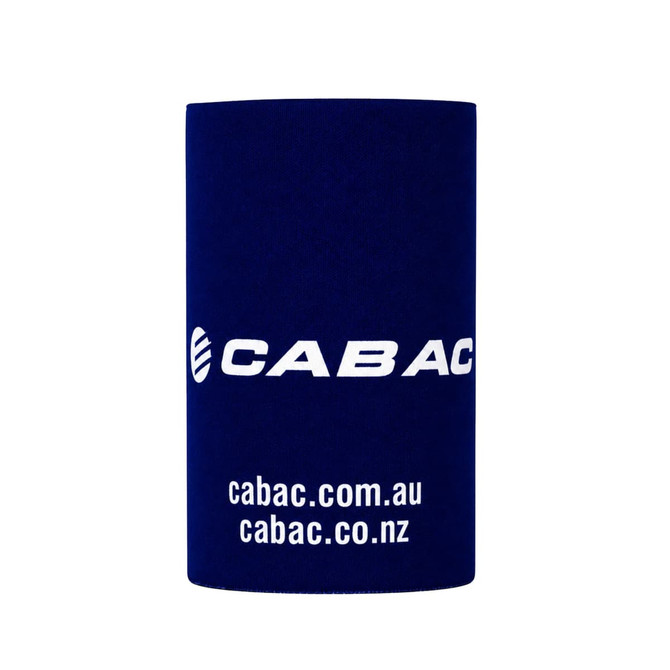 A navy blue stubby holder featuring a logo and website details on a plain background.