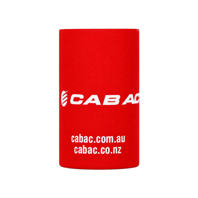 A red stubby holder featuring a logo and text, designed to keep drinks insulated.