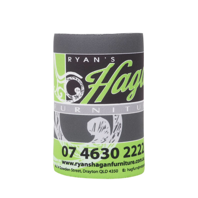 A grey stubby holder featuring a logo and green text, designed to keep drinks cool.