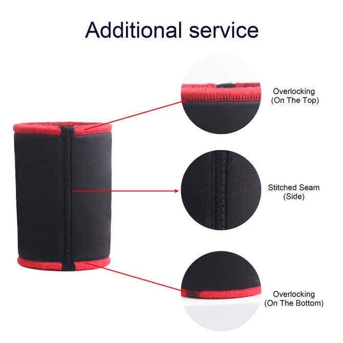 A black stubby holder with red accents, featuring stitched seams and overlocking details. Brand logo present.