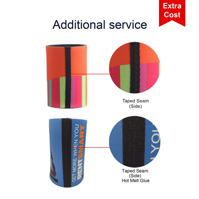 A stubby holder featuring vibrant colours with a taped seam and hot melt glue for added durability. Includes a logo.