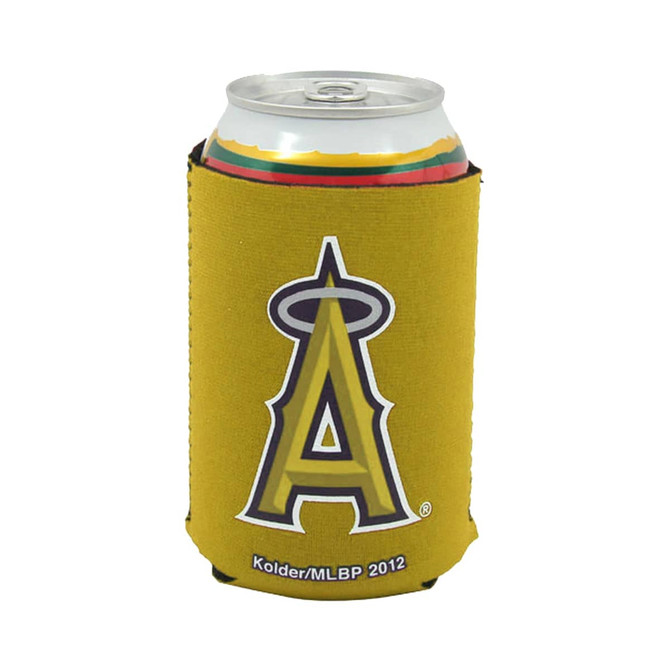 A drink can is wrapped in a yellow foldable stubby holder with a logo on the front.