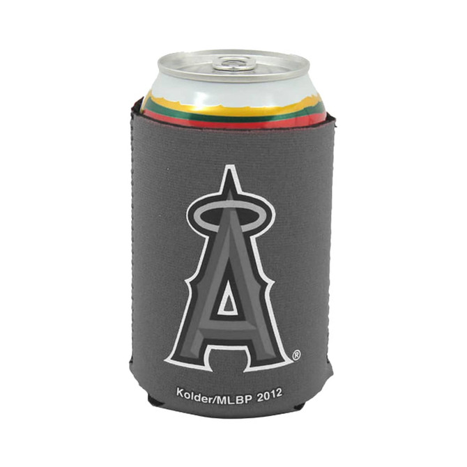 A grey foldable stubby holder with a logo, designed to fit a standard drink can.