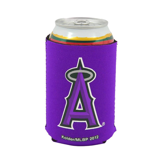 A drink can encased in a purple foldable stubby holder featuring a logo.