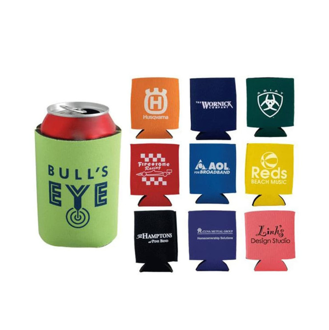 A drink bottle holder in bright green, surrounded by various foldable stubby holders in multiple colours.