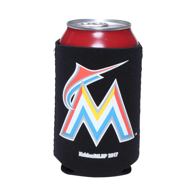 A black foldable stubby holder designed for a can, featuring a logo with vibrant colours.