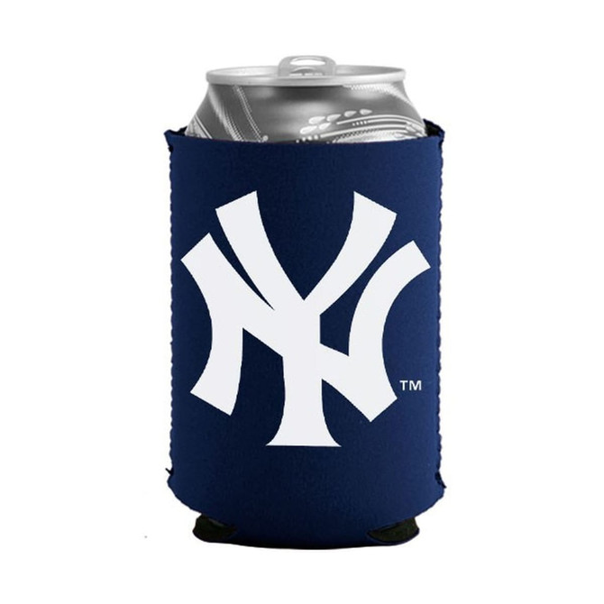 A drink can holder in navy blue featuring a logo, designed for insulation and protection.