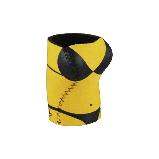 A drink bottle holder designed to resemble a bikini top, featuring yellow and black colours and a logo.