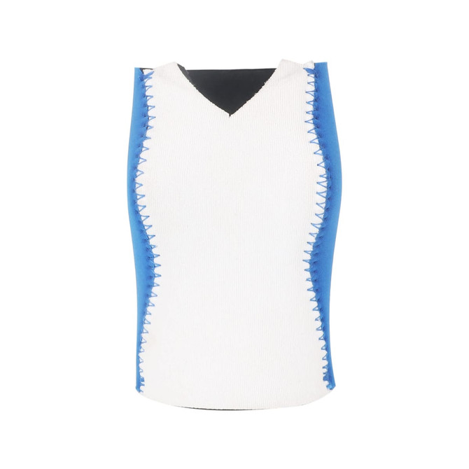 A drink bottle holder featuring a white body with blue trim. The holder has a branded logo on it.