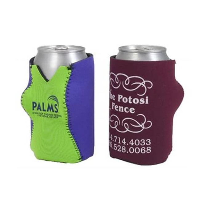 A drink bottle holder in green and purple, featuring a logo, beside a maroon holder with decorative patterns.