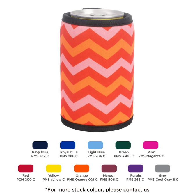 A drink bottle holder with a chevron pattern in pink, orange, and red, featuring black trim and a logo.