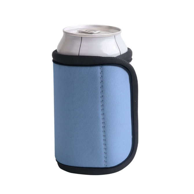 A drink bottle wrapped in a light blue Velcro stubby holder with a black trim.
