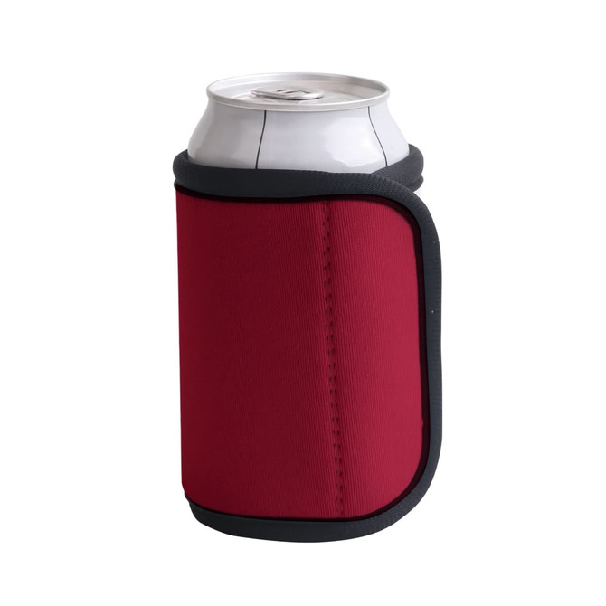 A drink bottle is nestled in a red Velcro wrap stubby holder with a black trim. The holder features a logo.