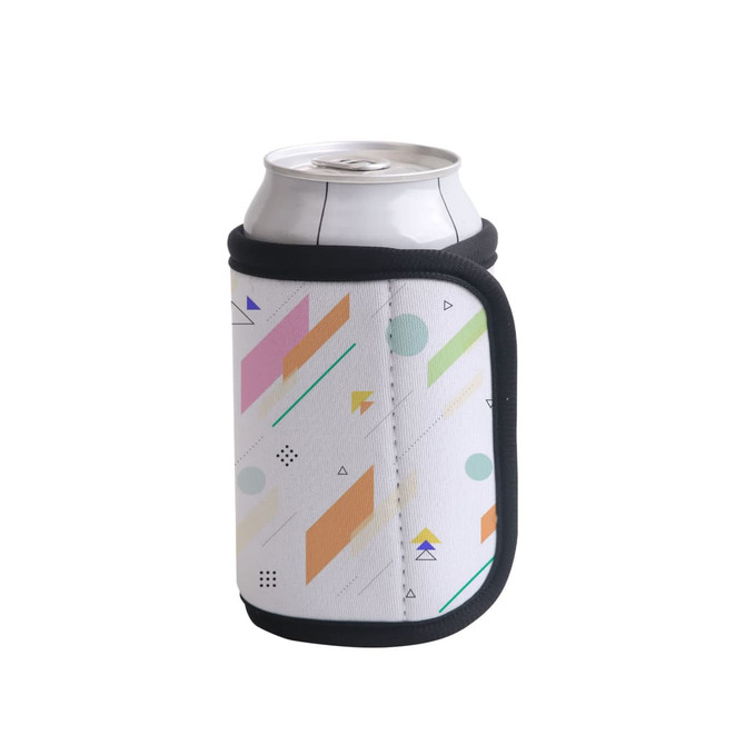 A drink bottle holder in white with colourful geometric patterns and a black trim, featuring a logo.