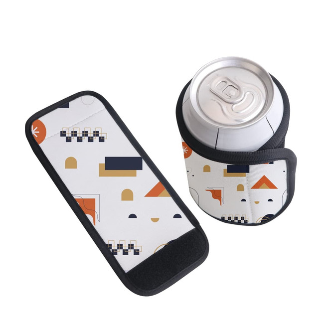 A drink bottle wrapped in a patterned Velcro stubby holder, featuring geometric shapes in various colours.