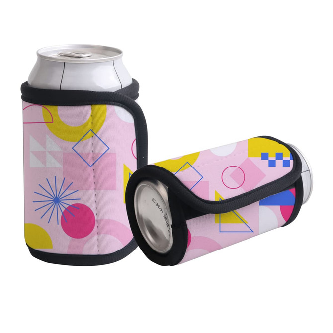 A drink bottle holder in pink with abstract geometric patterns, featuring black trim. Includes a logo.