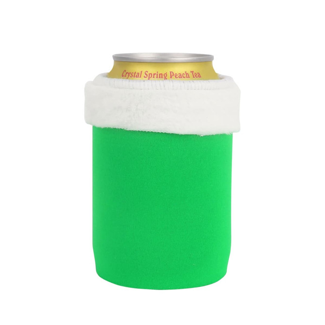 A green stubby holder with a white fluffy top, designed to fit standard drink cans. It features a logo.