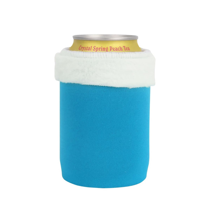 A drink bottle cooler in bright blue with a white, fluffy trim, designed for holding cans.