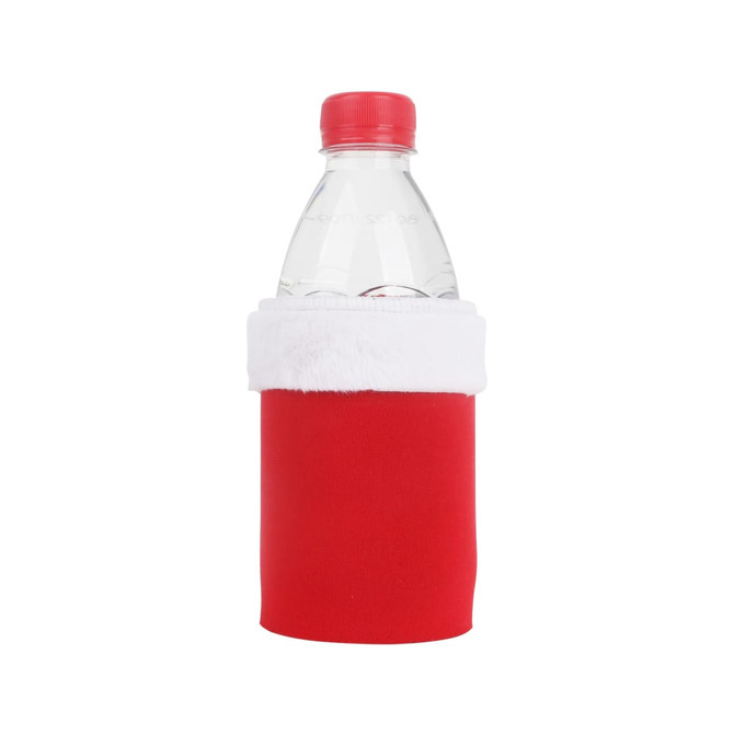 A drink bottle is encased in a red stubby holder with a white furry trim, resembling a Santa hat.