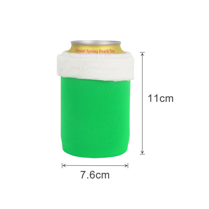 A green stubby holder with a white top, designed to fit standard drink cans. It features a logo.