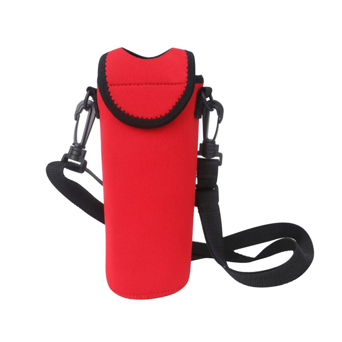 A drink bottle cooler in vibrant red with black accents and a detachable strap. It features a logo on its surface.