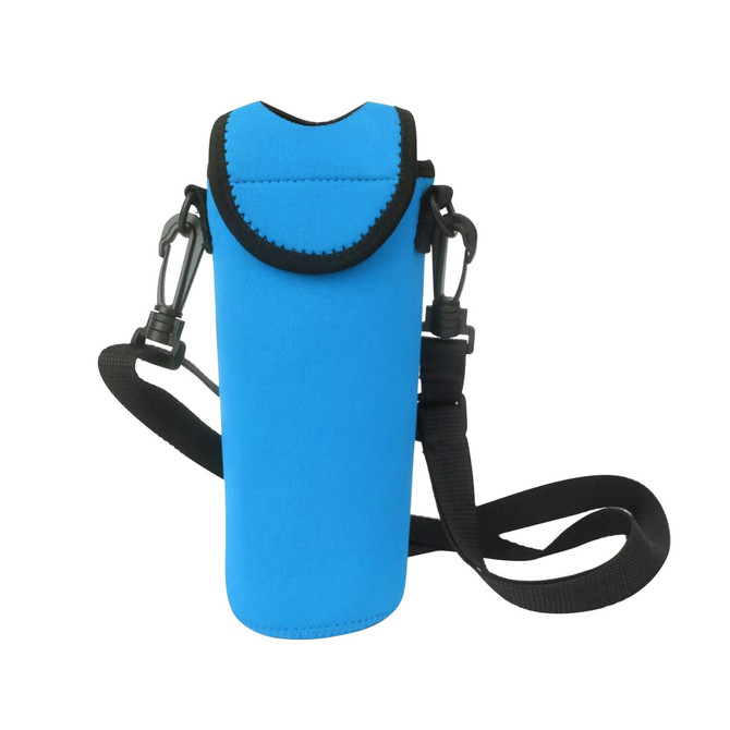 A drink bottle cooler in bright blue with a strap and a logo.