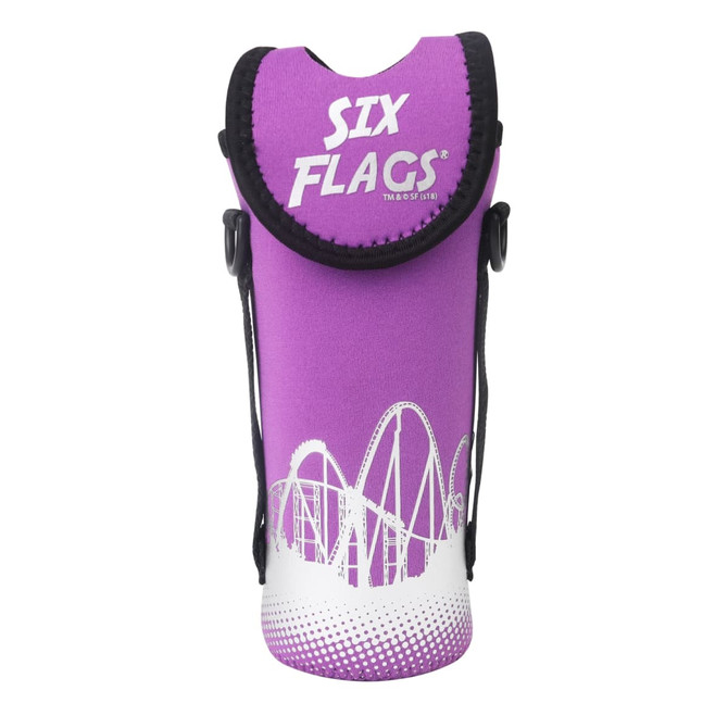A drink bottle cooler in vibrant purple with a strap and a logo, featuring a roller coaster design.