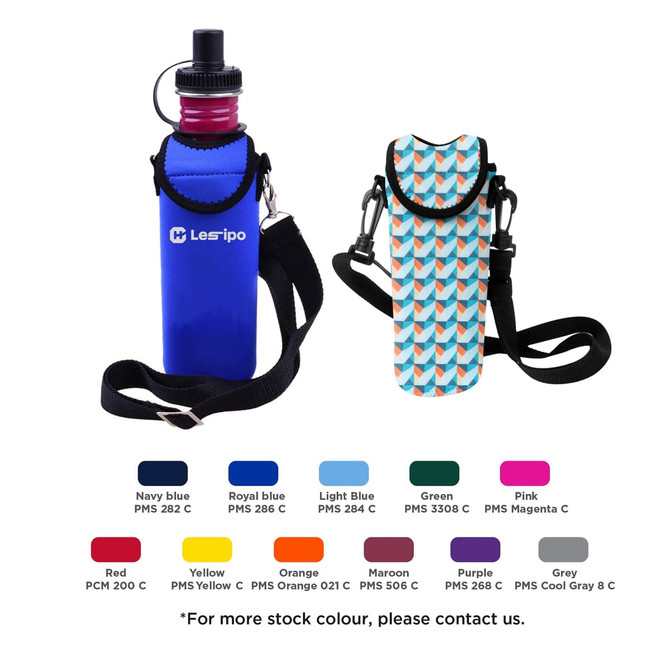 A drink bottle cooler in blue and a patterned cooler, both with straps and featuring logos.