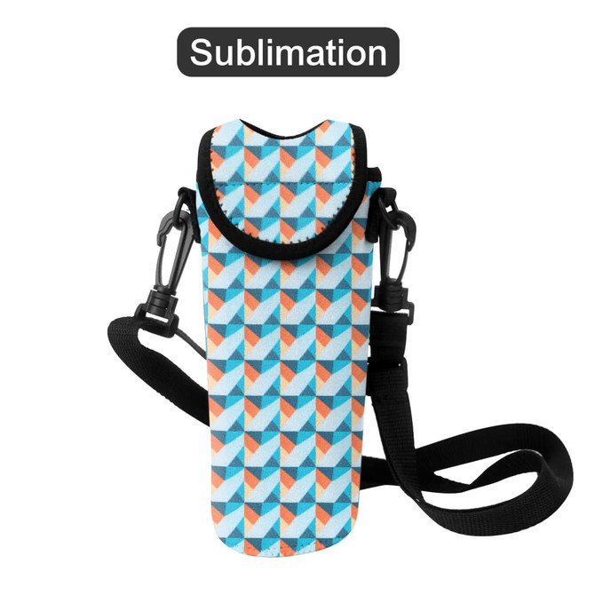 A drink bottle cooler with a colourful geometric pattern, featuring a strap and a logo.
