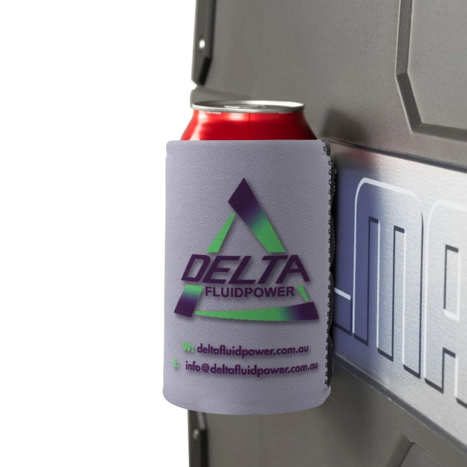 A drink can holder in grey featuring a logo, designed to keep beverages cool and secure.