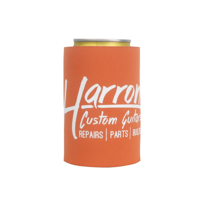 A drink bottle cooler in bright orange featuring a branding logo for a guitar-related product.