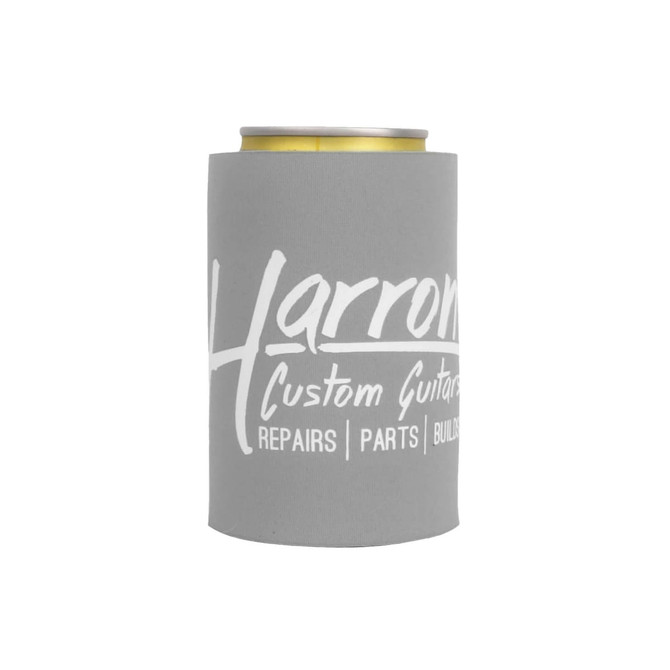 A drink bottle stubby holder in grey with a white logo, designed to fit standard beverage cans.